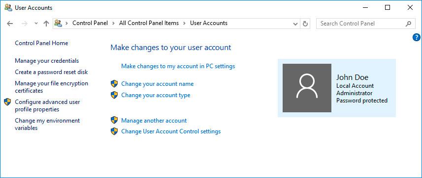 User Accounts Windows 10