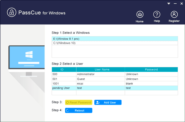 Reset Windows 10/8/7 Password with Passcue for Windows