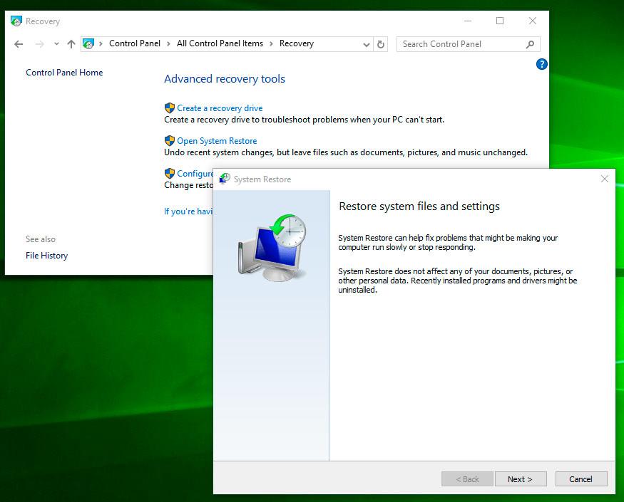 Open System Restore Windows 10