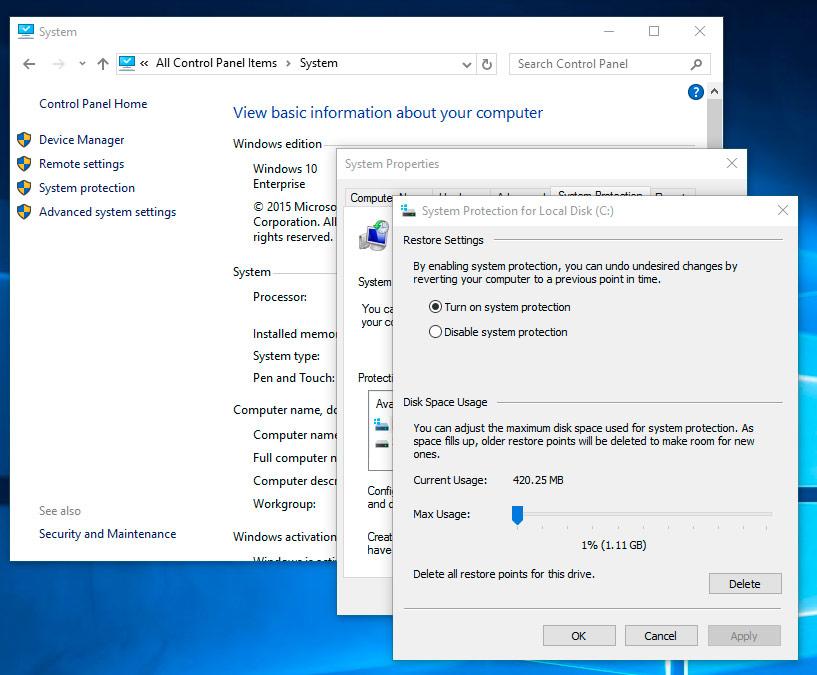 Delete all restore points for this drive Windows 10